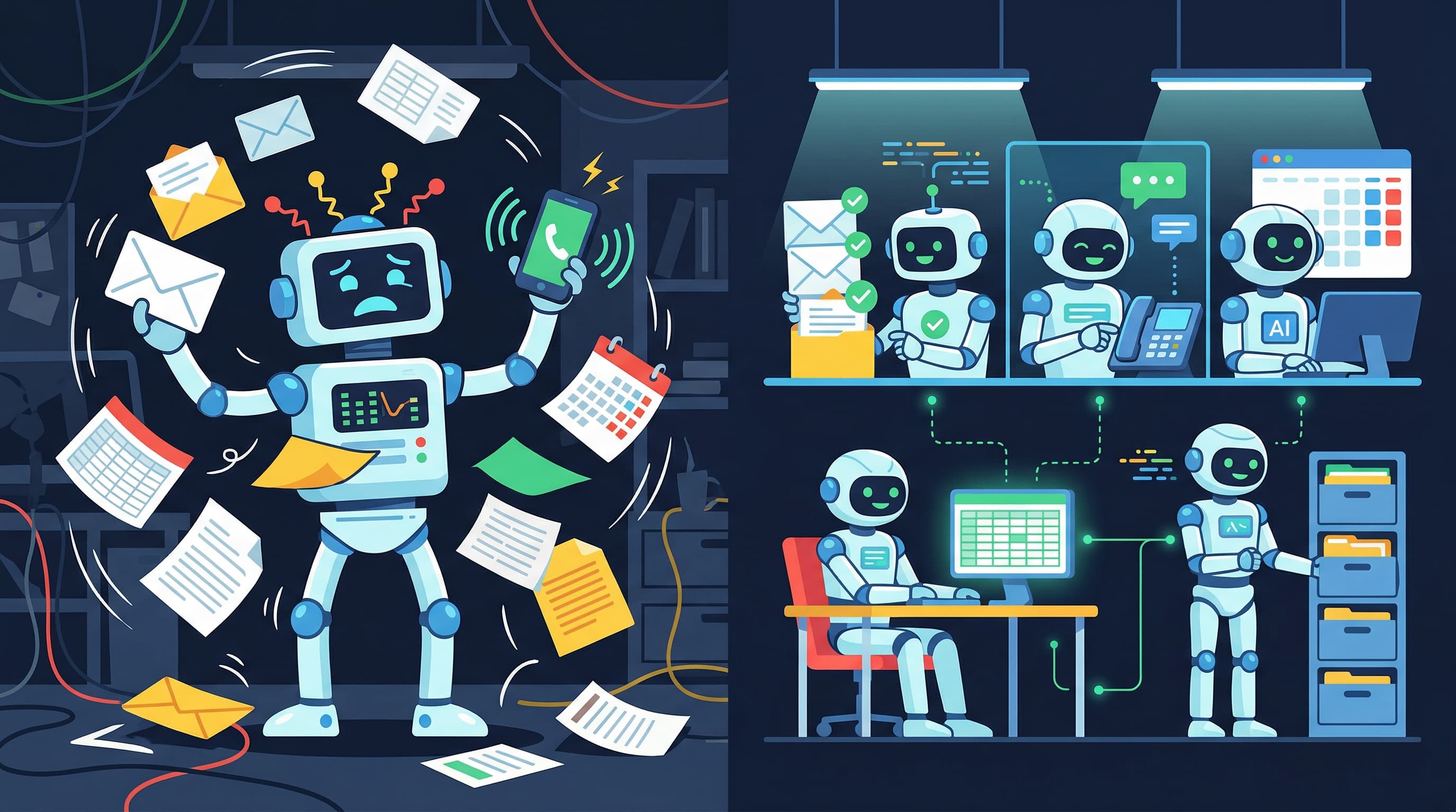 One overwhelmed chatbot versus a team of specialised AI agents working efficiently