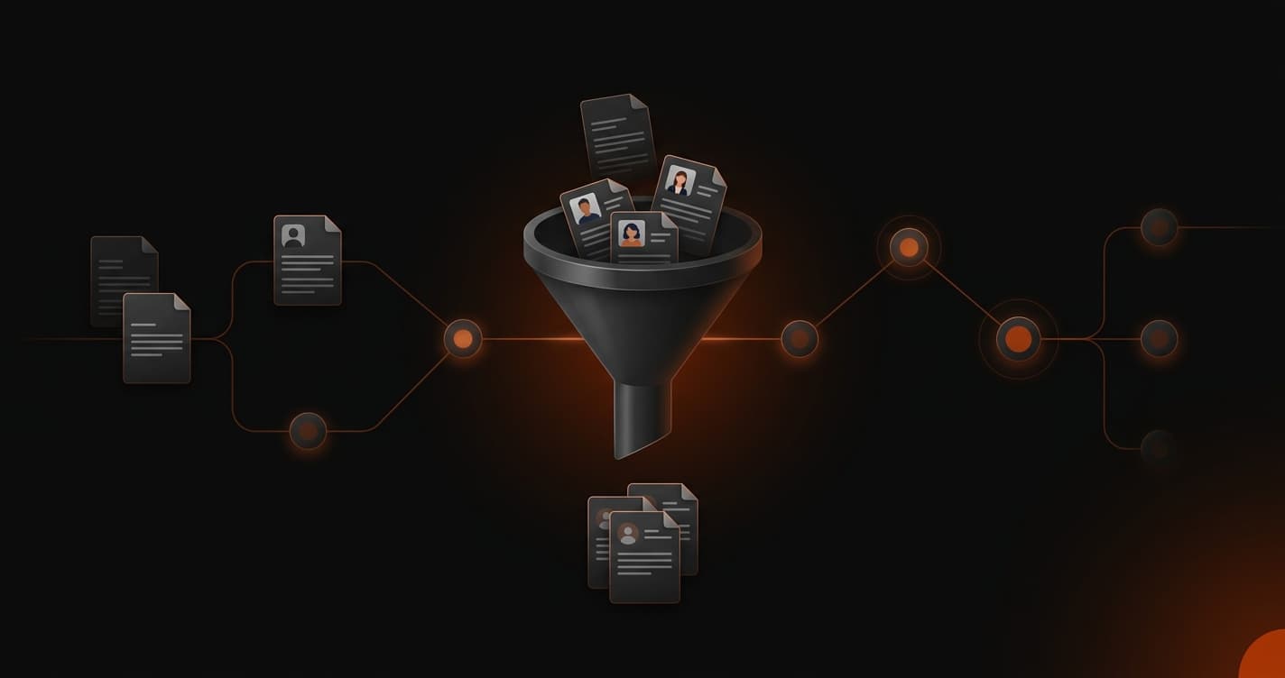 Recruitment automation funnel - CVs flowing through screening workflow