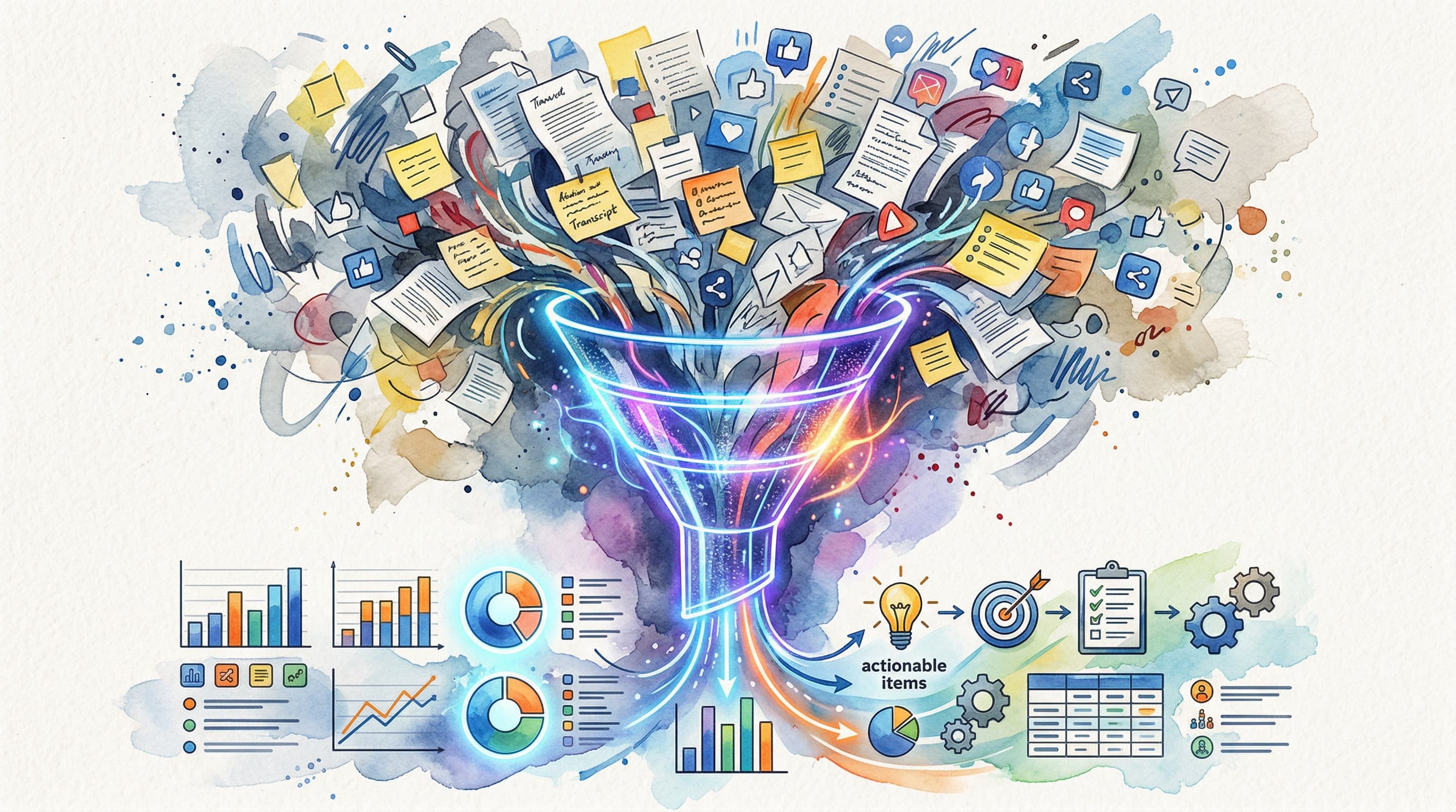 Funnel transforming messy chaotic data into clean organised insights and actionable items